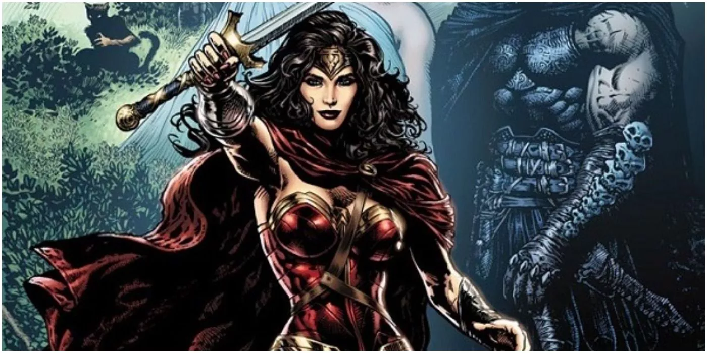 Un collage de Wonder Woman sosteniendo una espada y de pie frente al arte de cómic de DC Rebirth