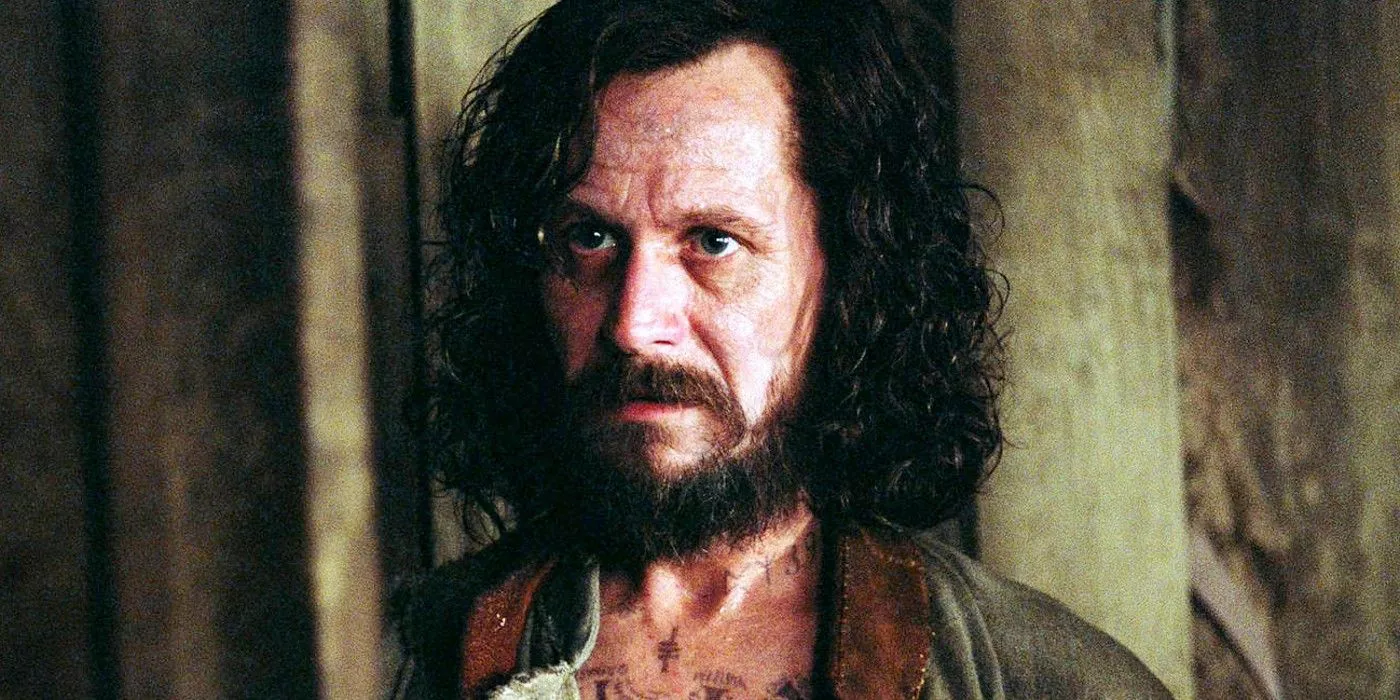 Sirius Black enfrentando al Trío Dorado y a Peter en la Cabaña Gritona en Harry Potter.