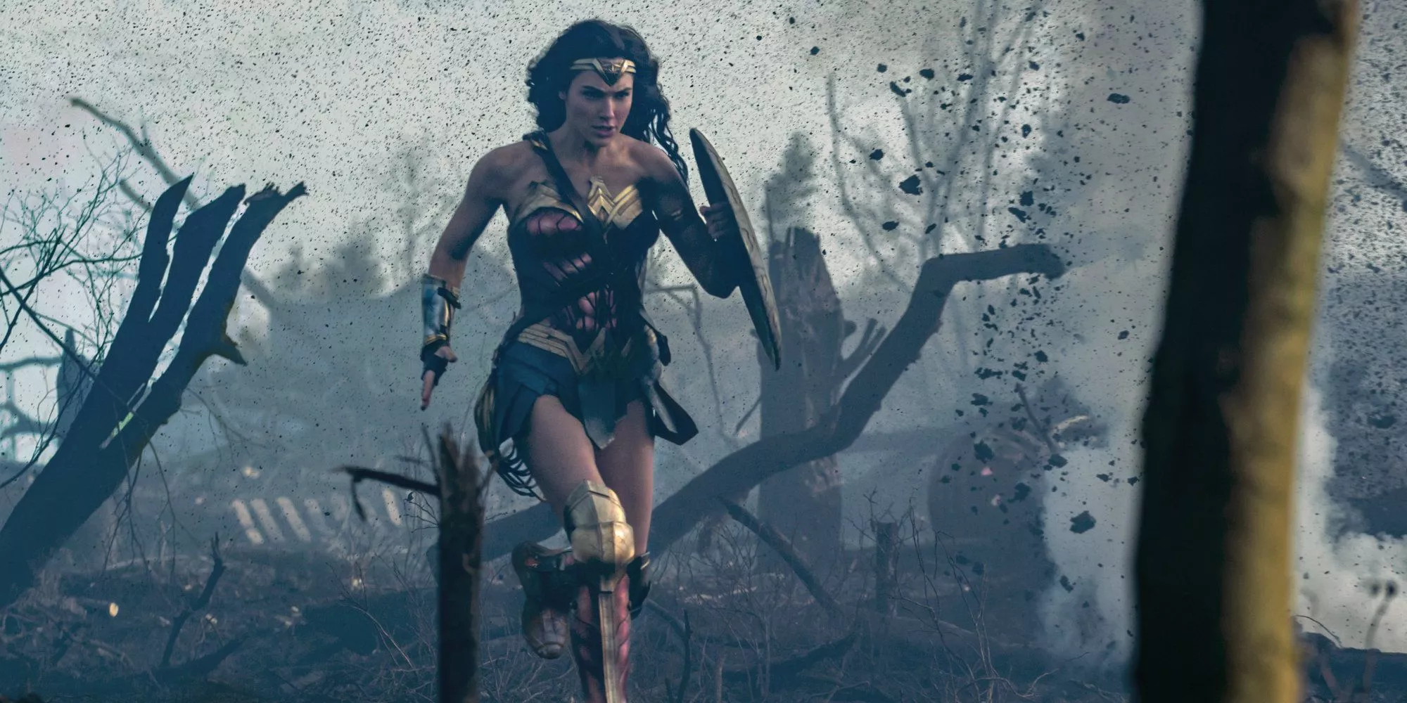 Wonder Woman running through No Man's Land during World War I