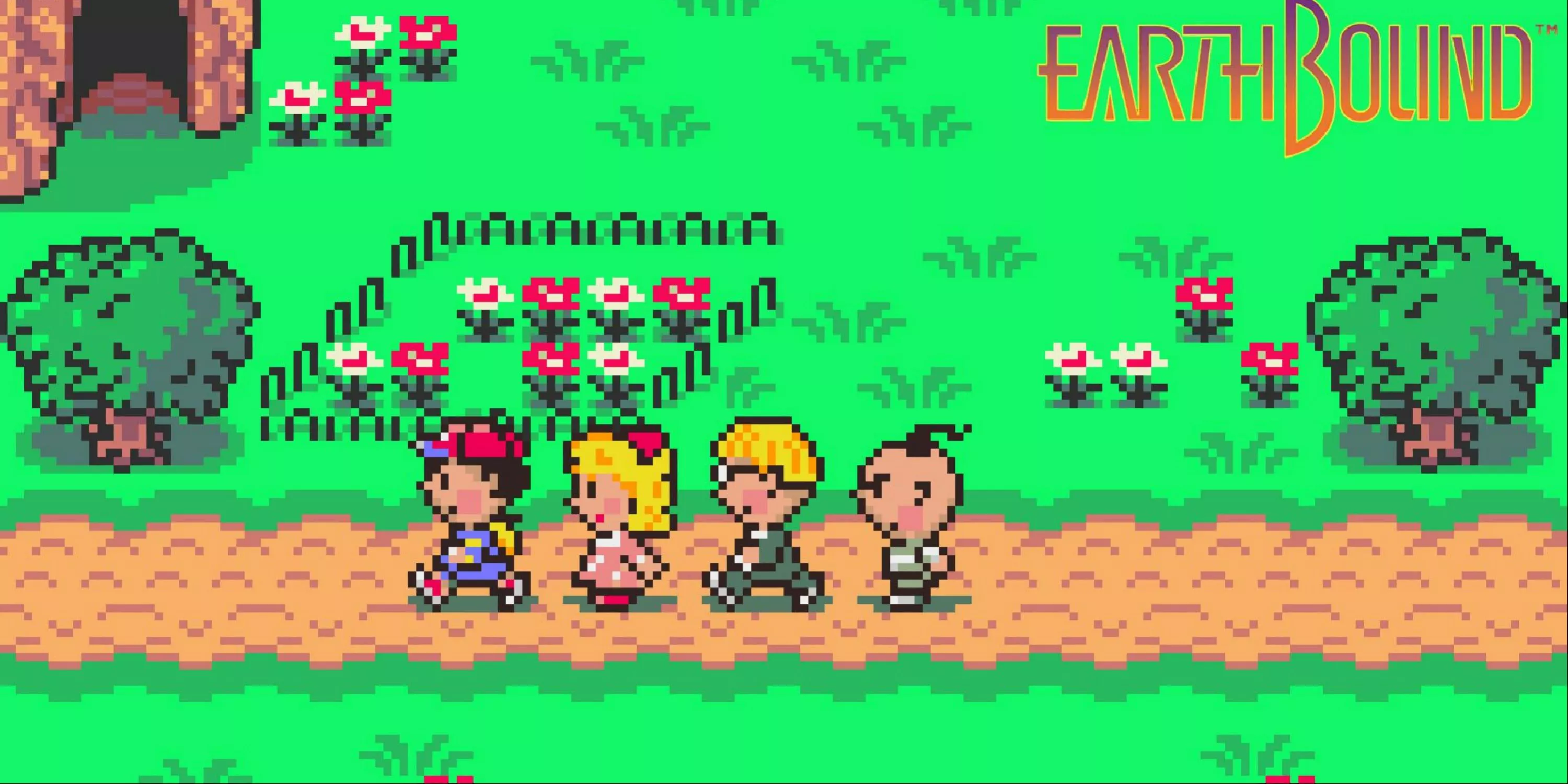 Earthbound SNES still featuring characters walking along a pathway.