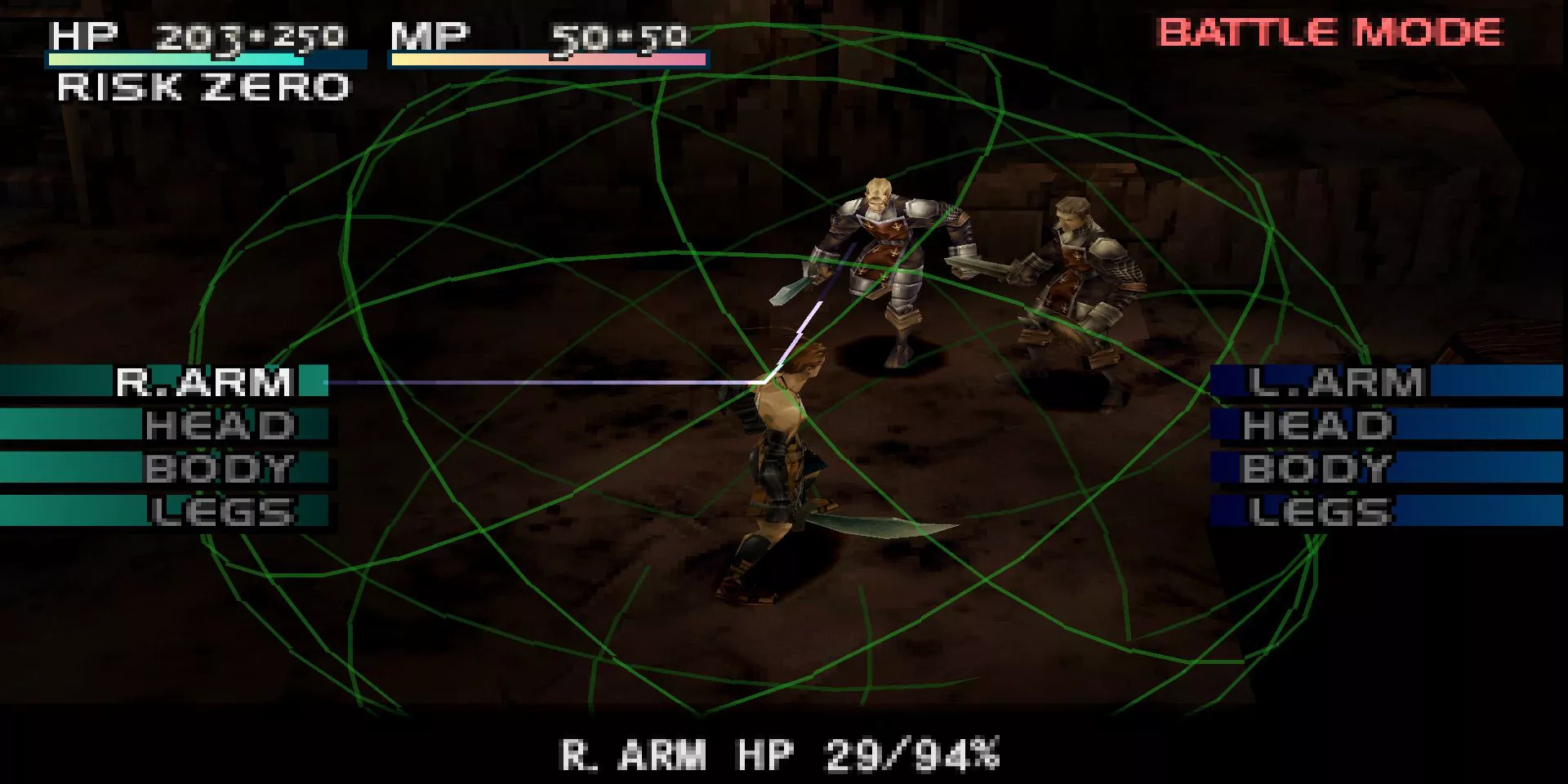 Ashley Riot selects which body part to attack next in the battle system for Vagrant Story.