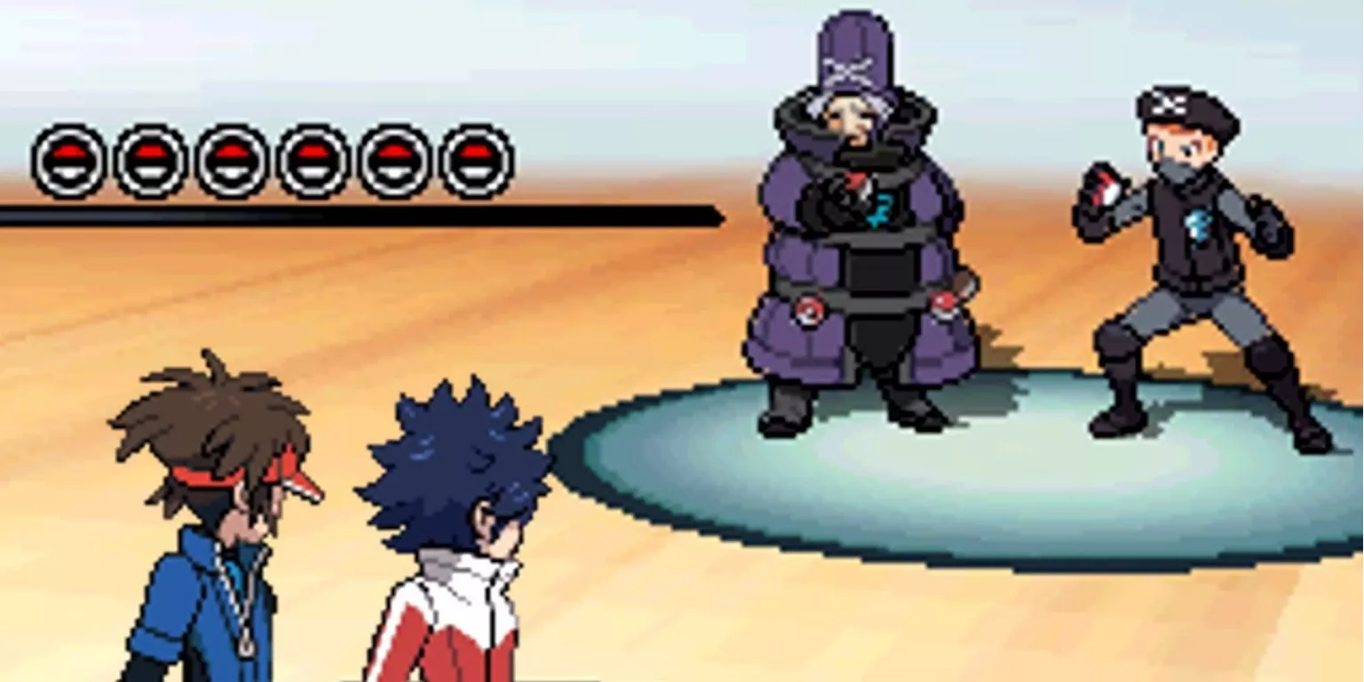 Nate and Hugh are challenged by Plasma Sage Zinzolin and a Team Plasma Grunt in Pokemon Black 2 & White 2.