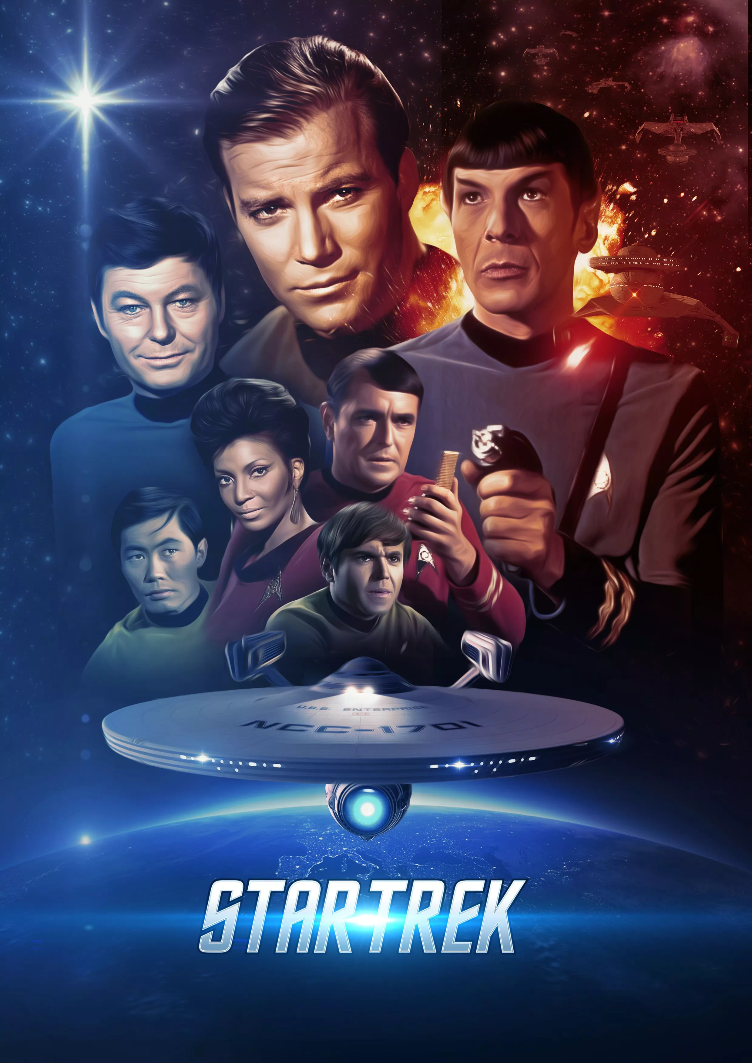 El elenco original de Star Trek reunido detrás de una imagen de la USS Enterprise en un póster de Star Trek