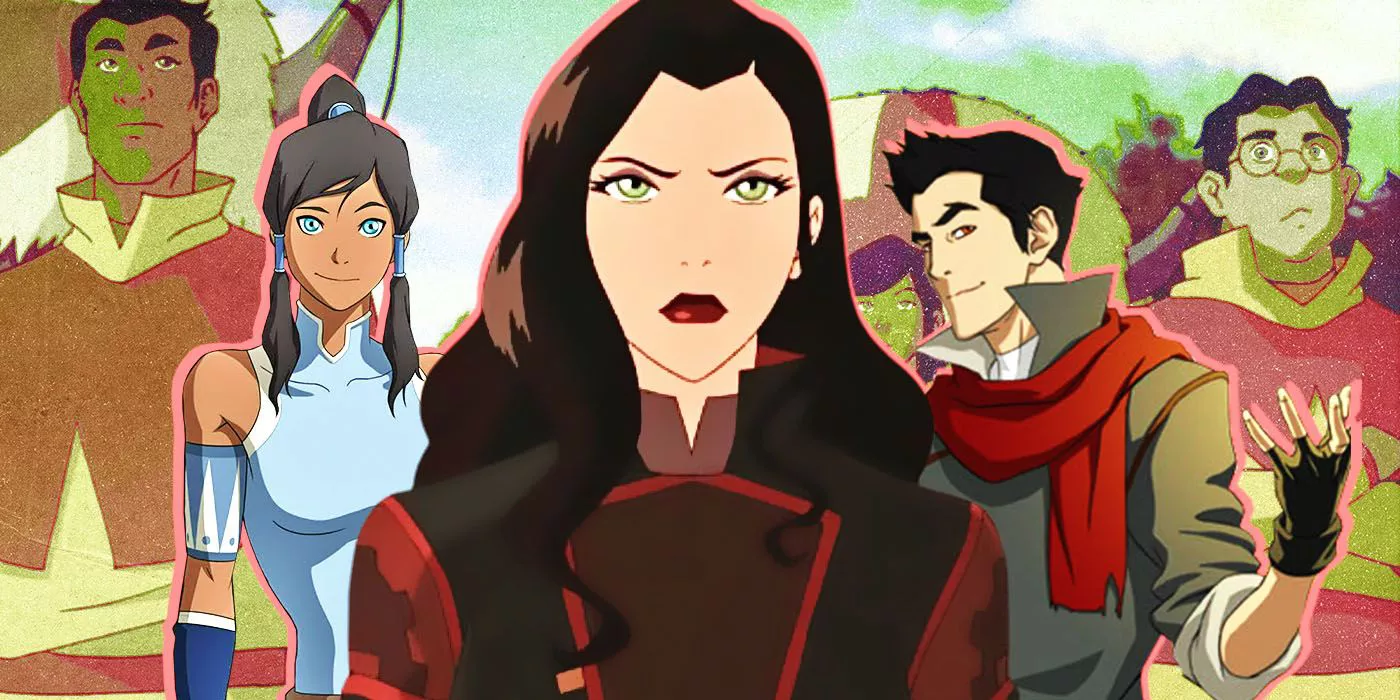 A composite image shows Korra, Asami, Mako, and Airbenders