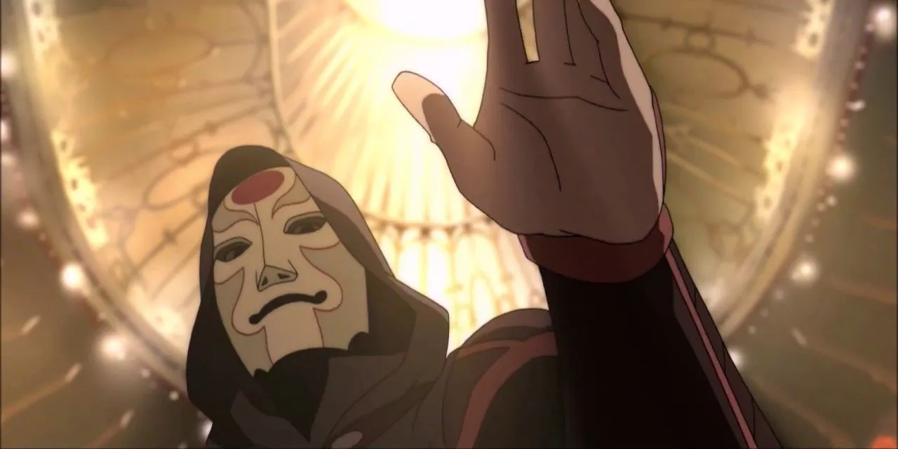 Amon reaches out with his hand in the bending arena in the Legend of Korra.