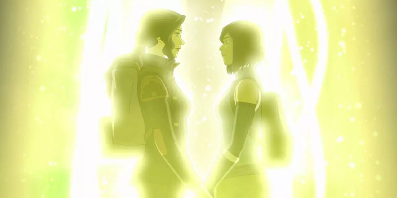 Korra and Asami illuminated in front of a spirit portal in Legend of Korra.