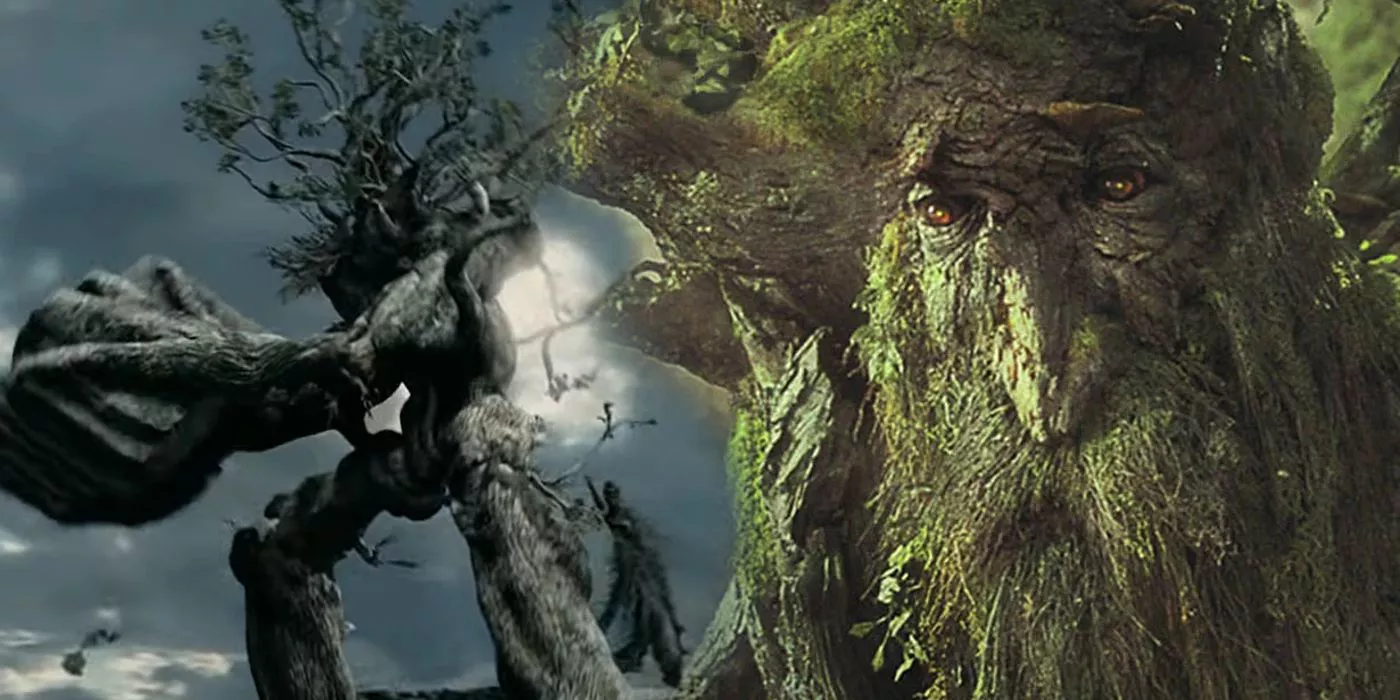 An Ent throws a boulder in The Two Towers; Treebeard looks forlorn in The Lord of the Rings