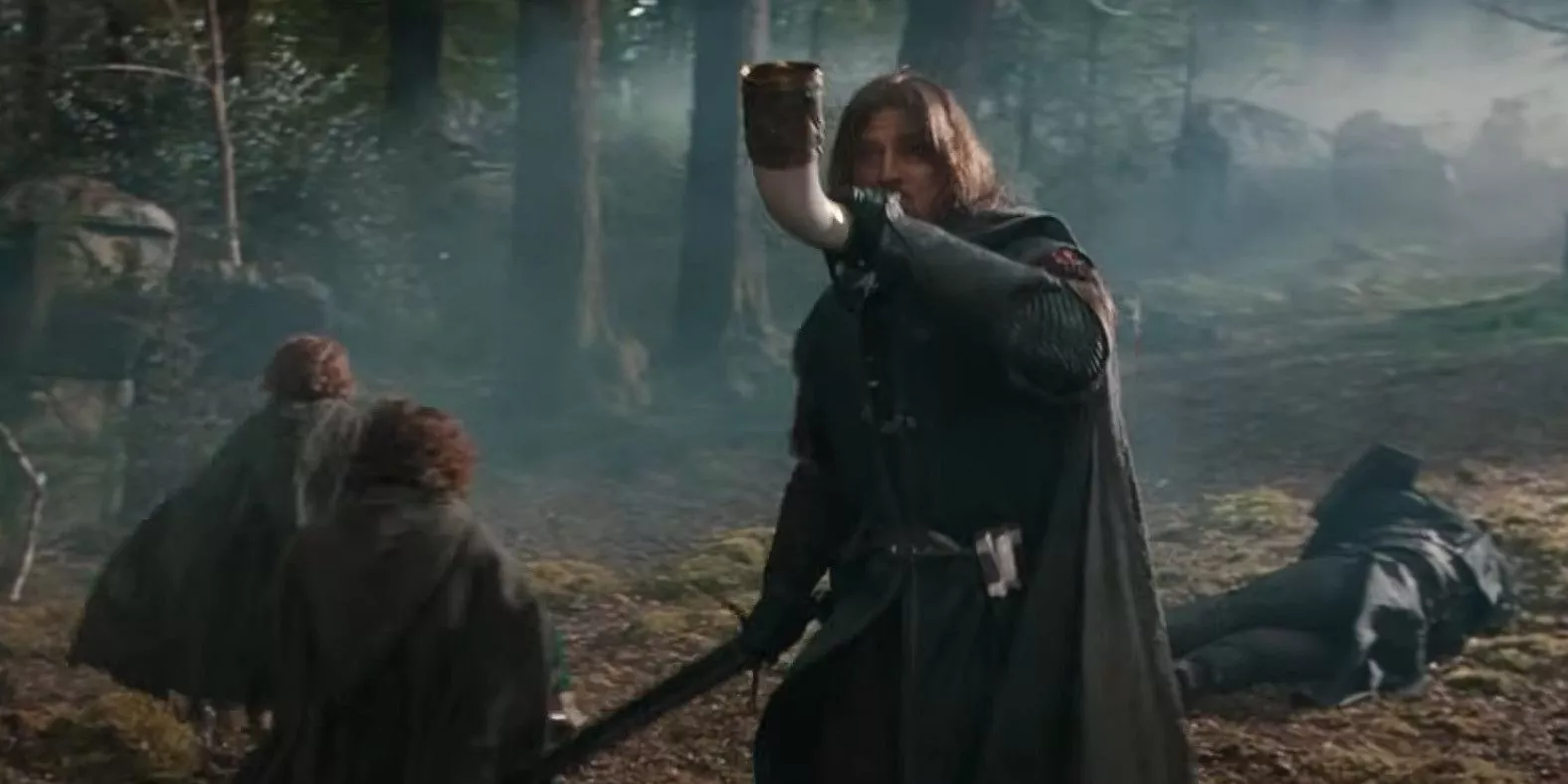 Boromir blowing the Horn of Gondor in The Lord of the Rings: The Fellowship of the Ring.