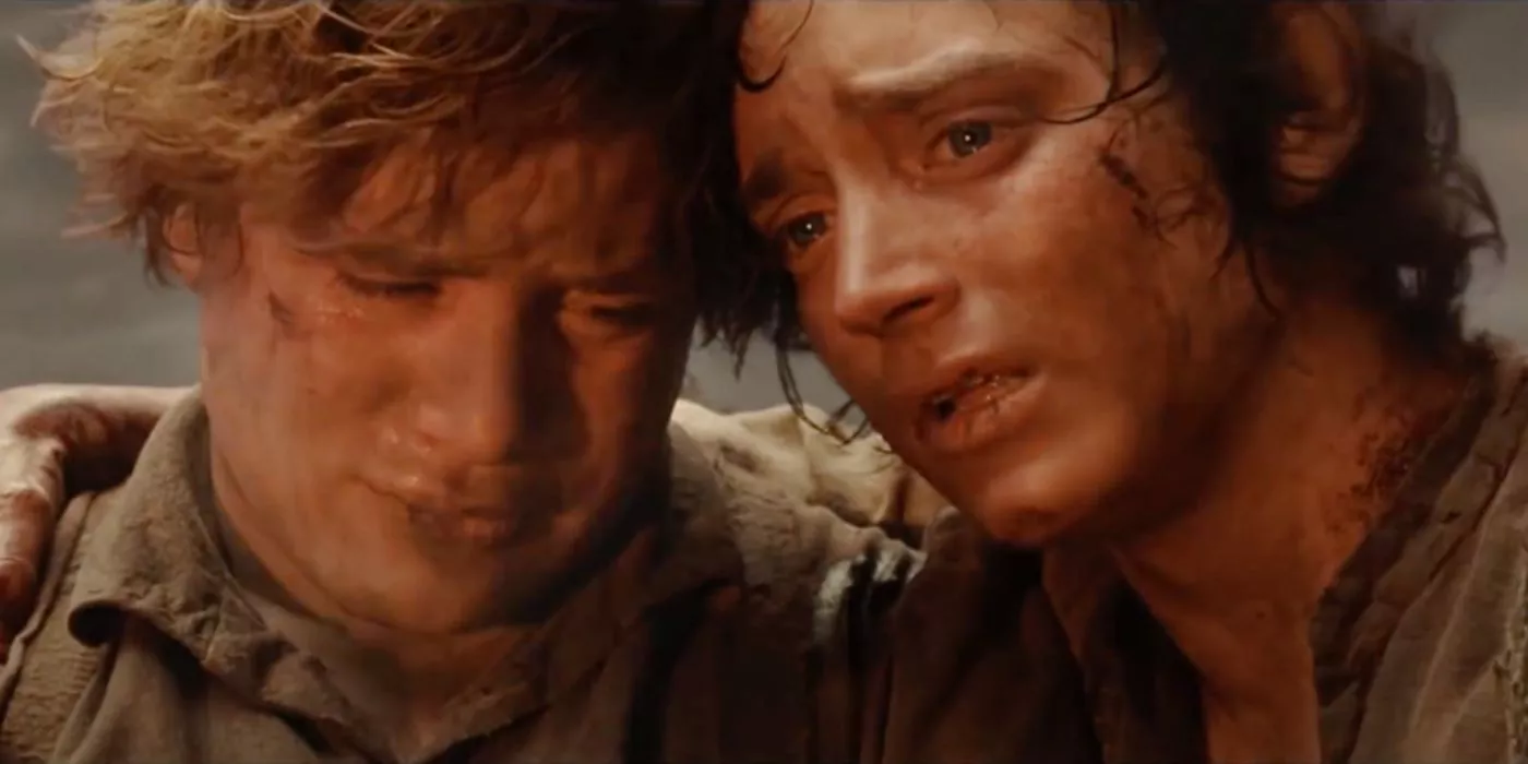 Sam and Frodo hold each other after destroying the ring in The Return Of The King.