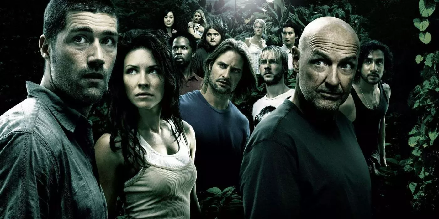 The cast of Lost gather around in a jungle and look offscreen