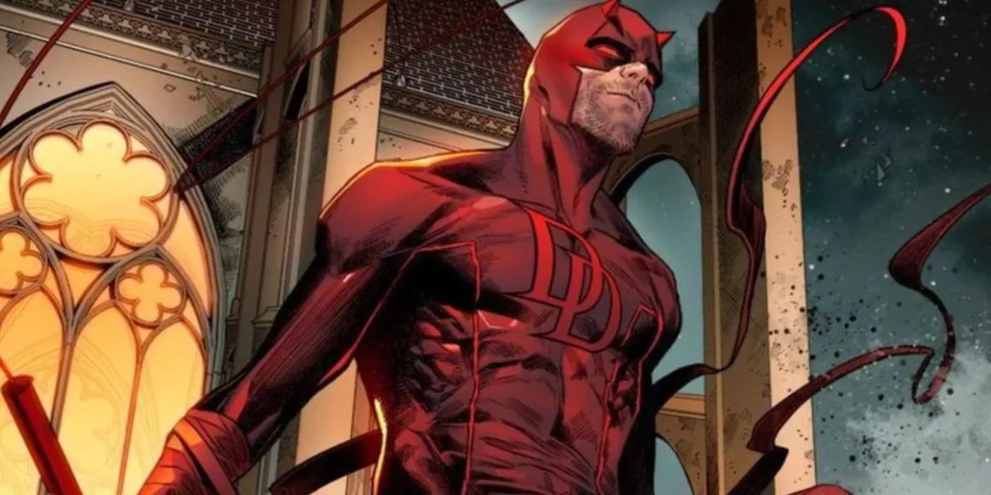 Daredevil standing on top of a building in Marvel Comics cover art by Marco Checchetto.