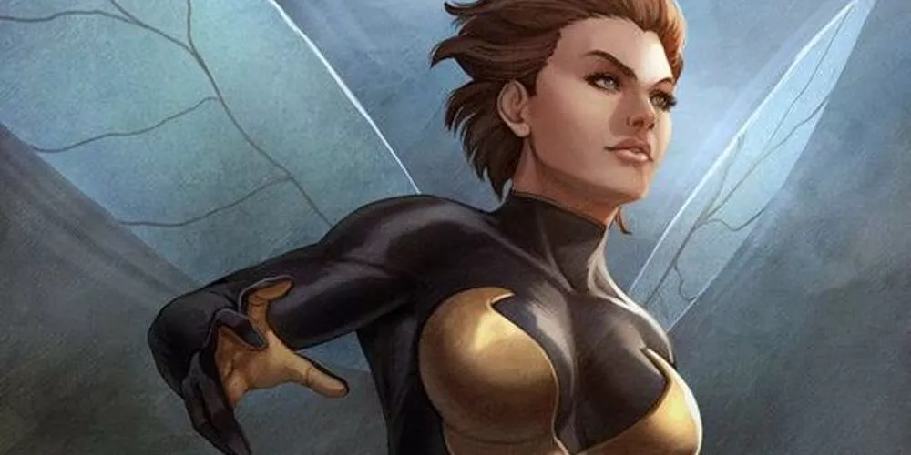 Janet van Dyne as the Wasp, her wings extended as though she is flying.