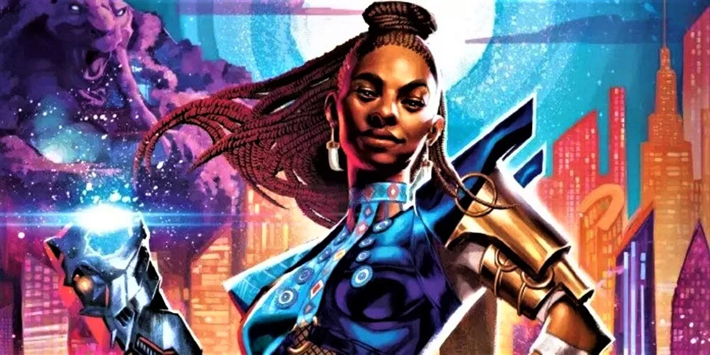 Shuri brandishes her panther gauntlet in front of Wakanda and Bast