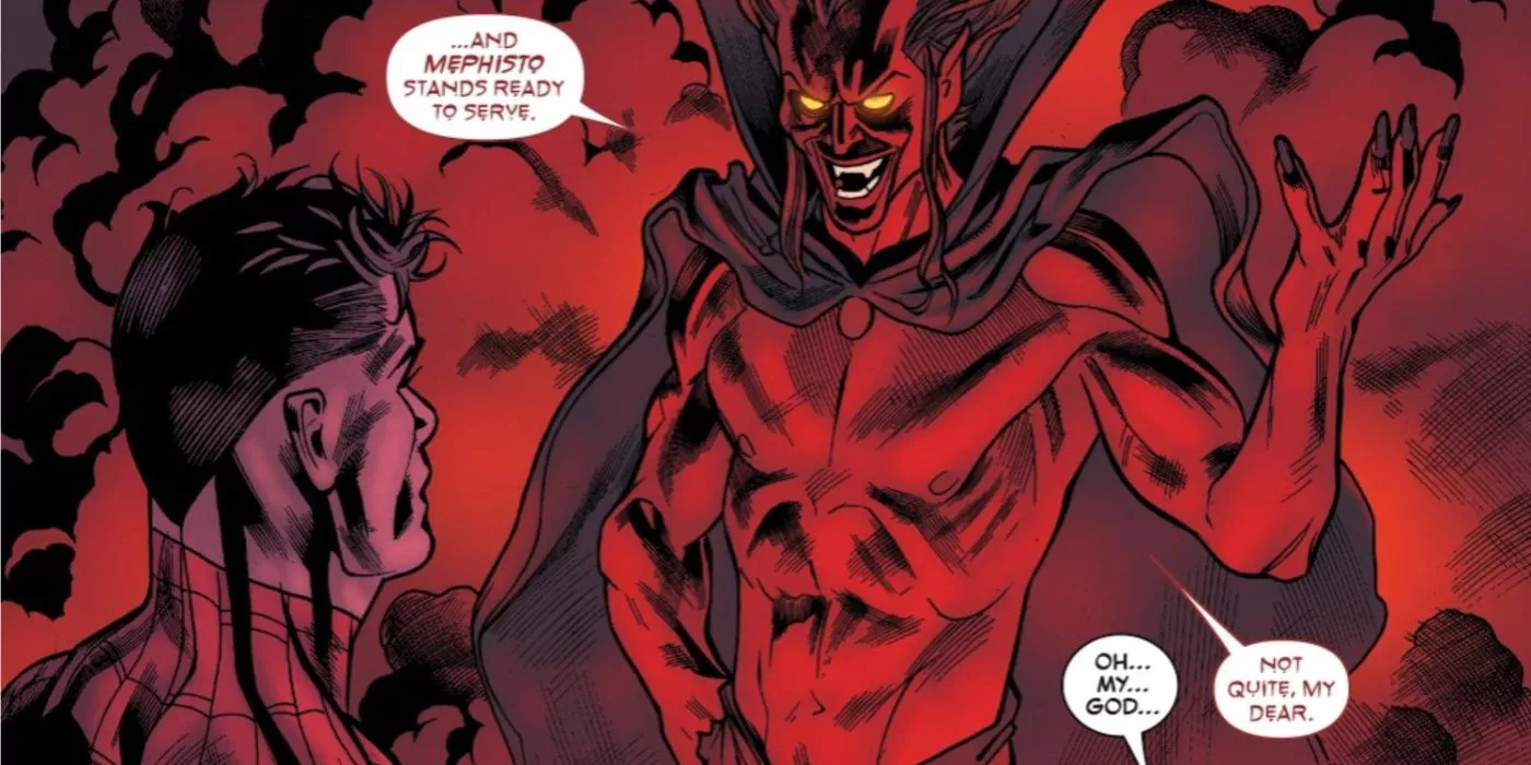 Mephisto appears before an unmasked Spider-Man and Mary Jane in One More Day.