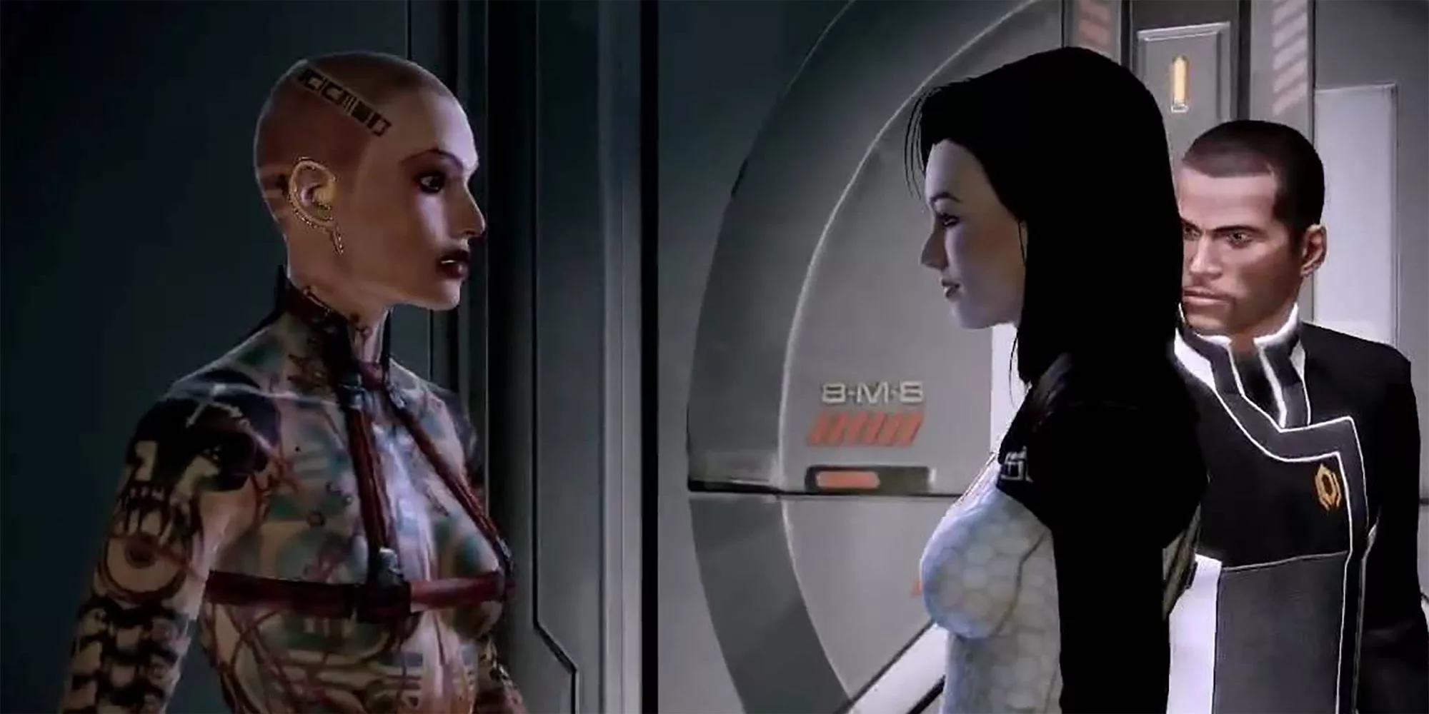 Jack, Miranda, y Shepard hablando en Mass Effect