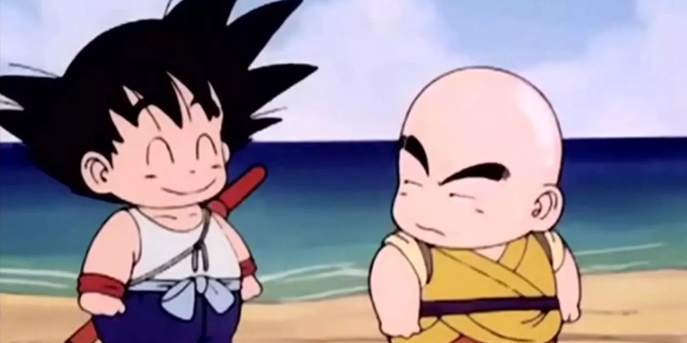 Krillin glares at Goku during their training under Master Roshi in Dragon Ball.