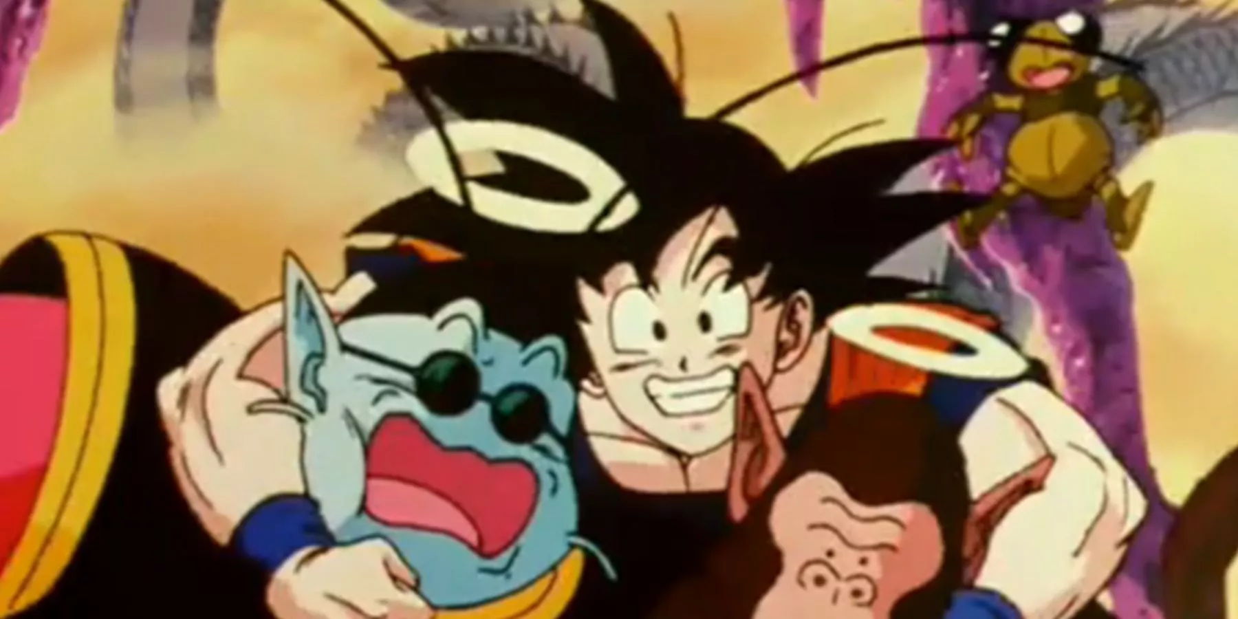 A dead Goku hugs King Kai, Bubbles and Gregory the Cricket in Dragon Ball Z's opening.