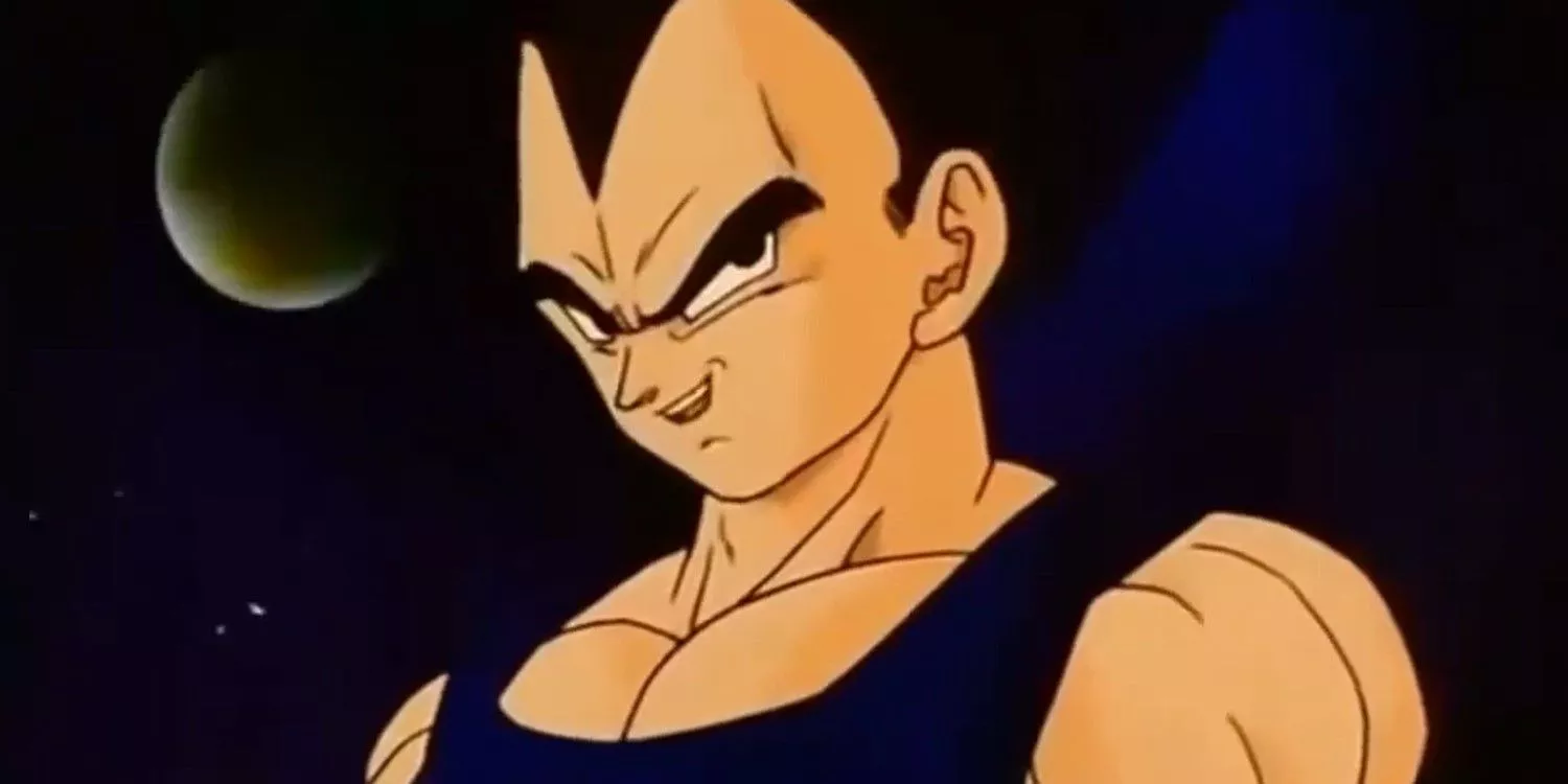 Vegeta smirking as he tells Pui Pui he's trained at higher gravities before in Dragon Ball Z