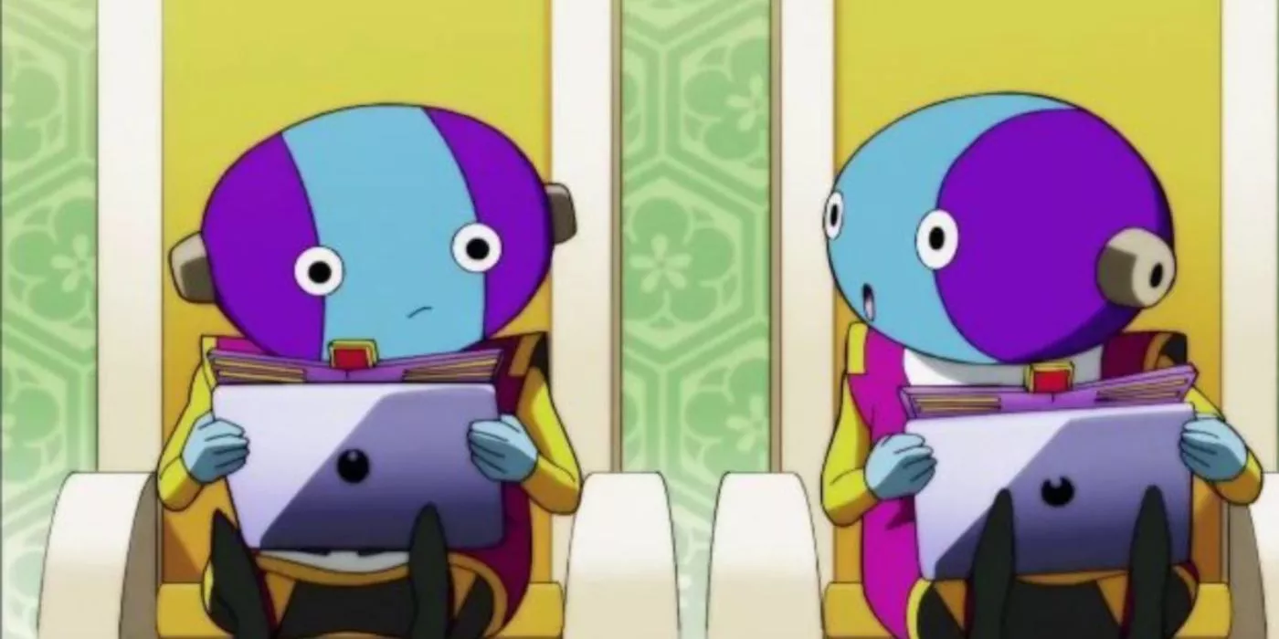 Zeno and Future Zeno observe data during the Tournament of Power in Dragon Ball Super.