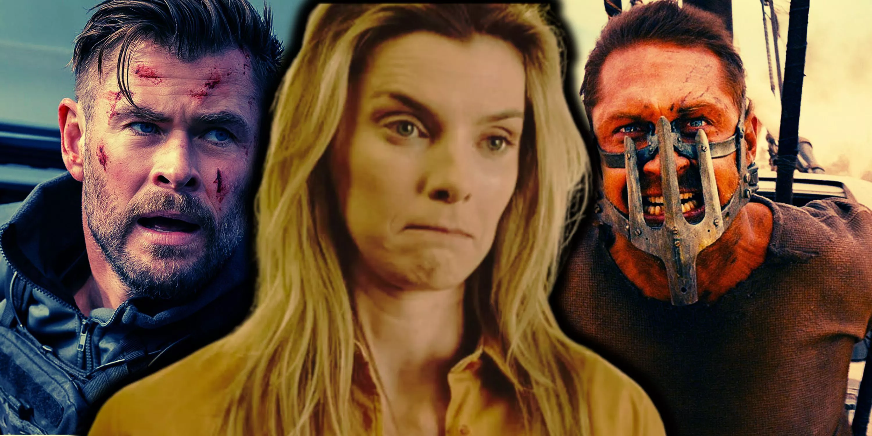 Imagen compuesta de Chris Hemsworth en Tyler Rake, Betty Gilpin en Crystal The Hunt, Tom Hardy en Mad Max Fury Road