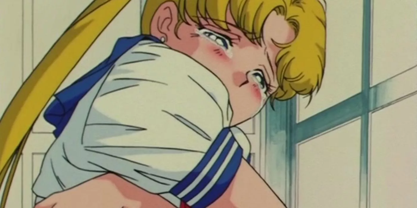 Usagi crying after Mamoru breaks up with her in Sailor Moon.