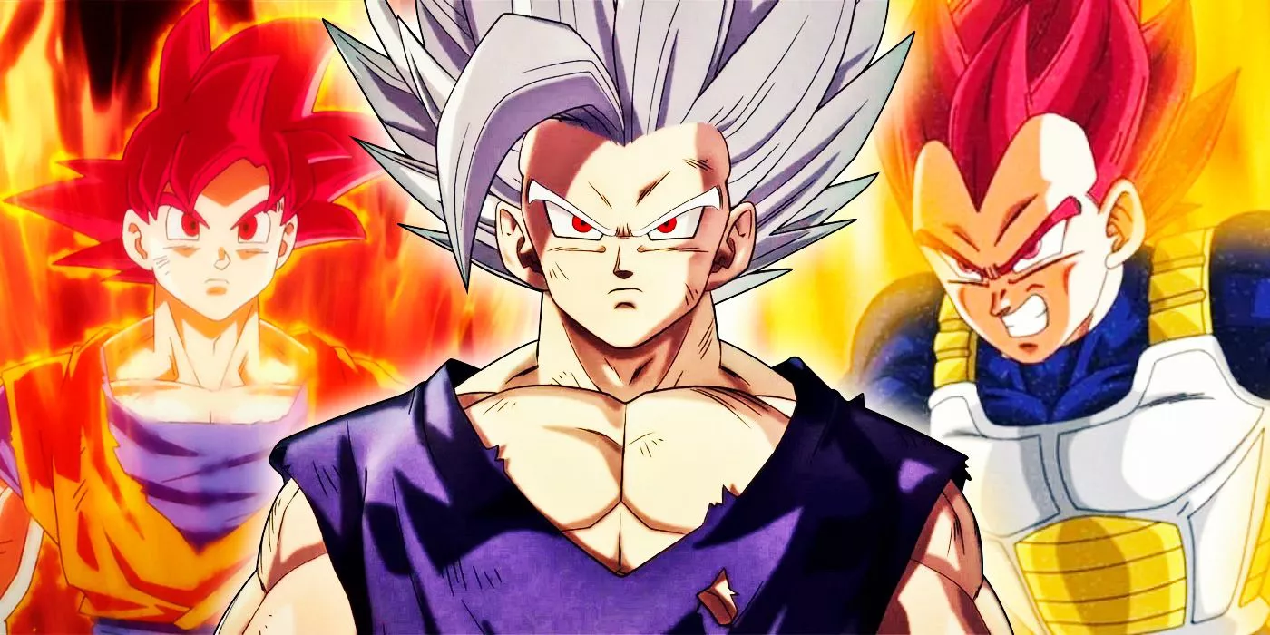 Super Saiyan God Goku red and Super Saiyan God Vegeta Red on the background and Gohan beast center