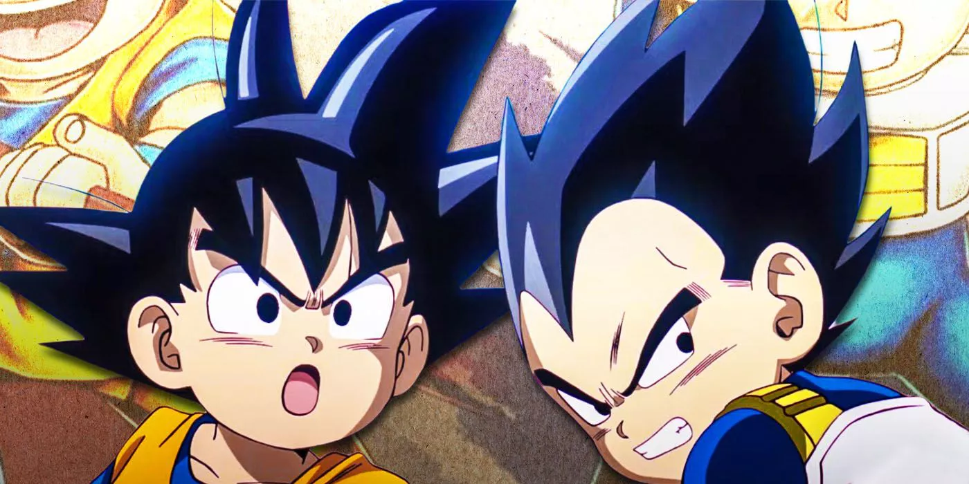 Goku and Vegeta in Dragon Ball Daima and new Fusion World artwork behind them