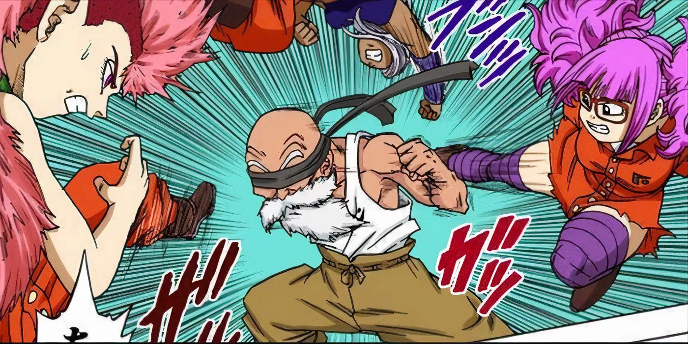 Master Roshi, blindfolded, fights against Miza, Izawa, and Kikaza in Dragon Ball Super manga.