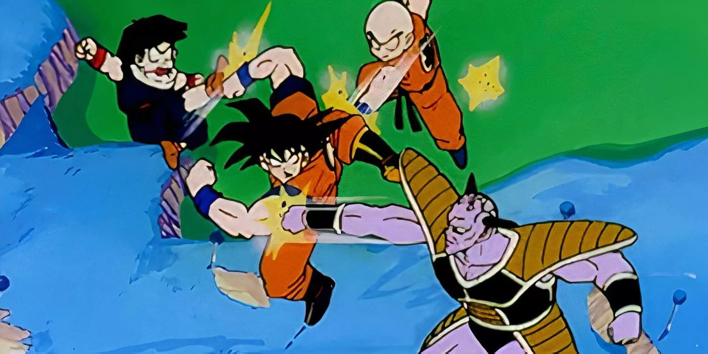 Gohan, Krillin, and Ginyu fight against Goku in Dragon Ball Z.