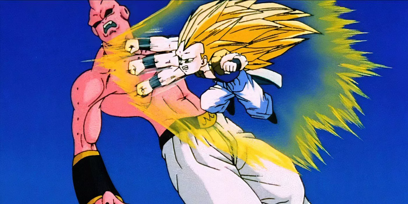 Super Saiyan 3 Gotenks wildly punches at Super Buu in Dragon Ball Z.