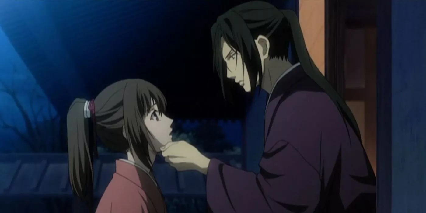 Hijikata holding Chizuru's chin in Hakuouki Episode 13