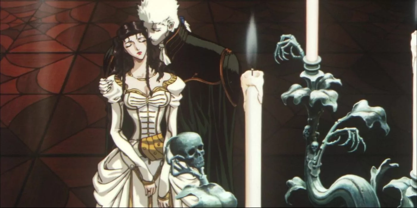 Meier Link holding Charlotte in an embrace in Vampire Hunter D Bloodlust.