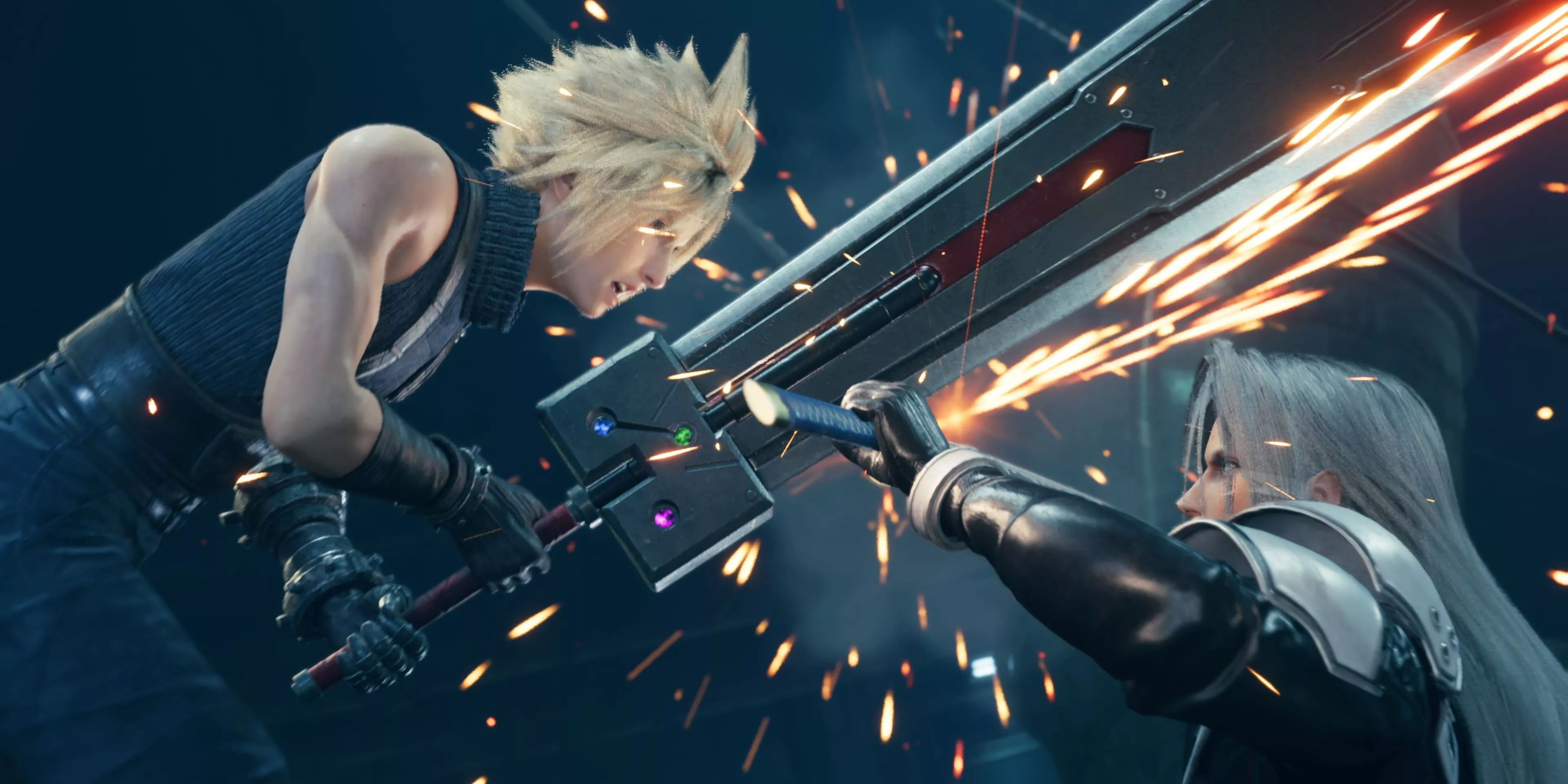 Cloud y Sephiroth de Final Fantasy VII 7 Remake Rebirth luchan con espadas.