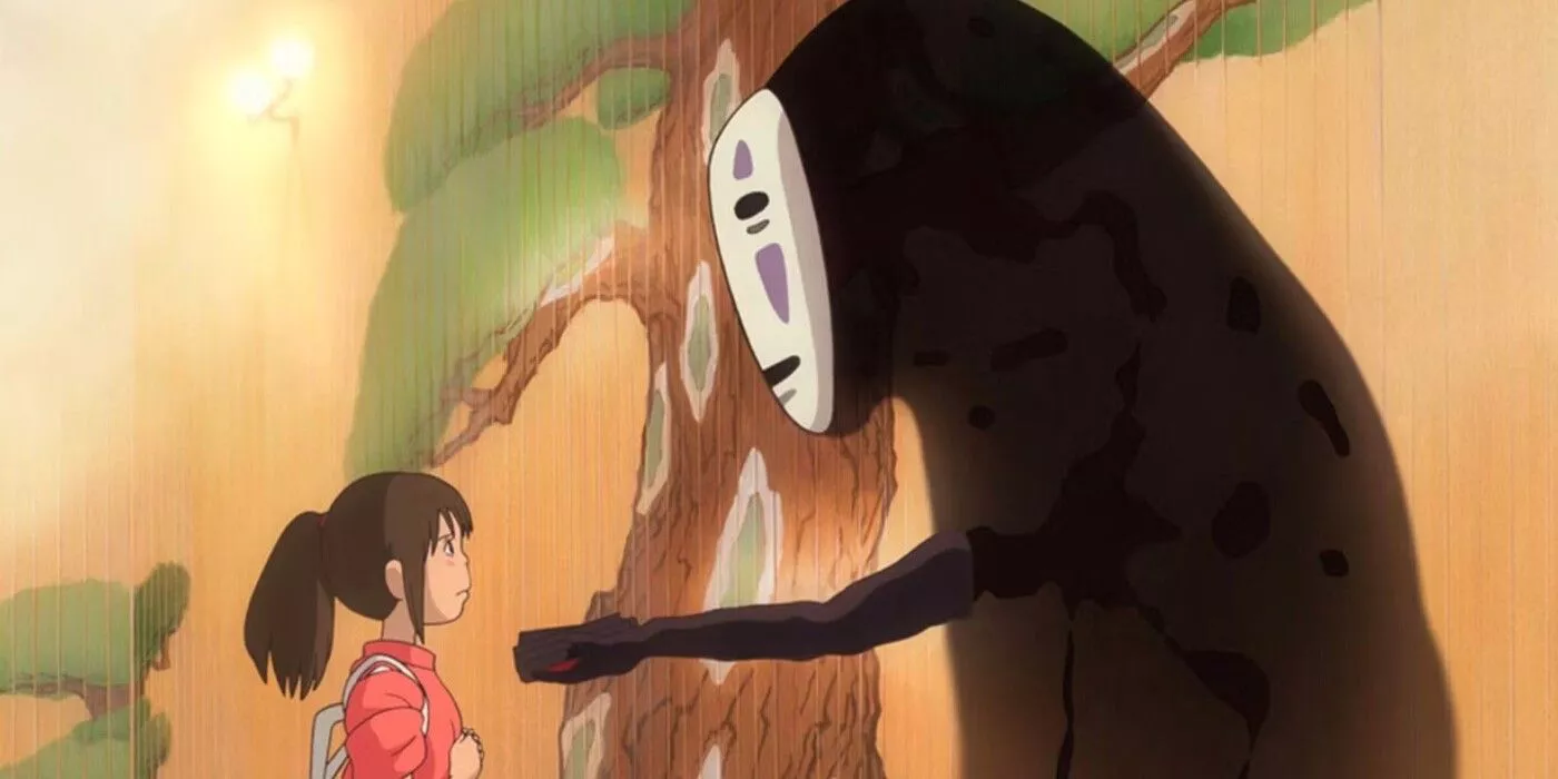 No-Face holds out his hands to offer Chihiro a gift in Spirited Away.