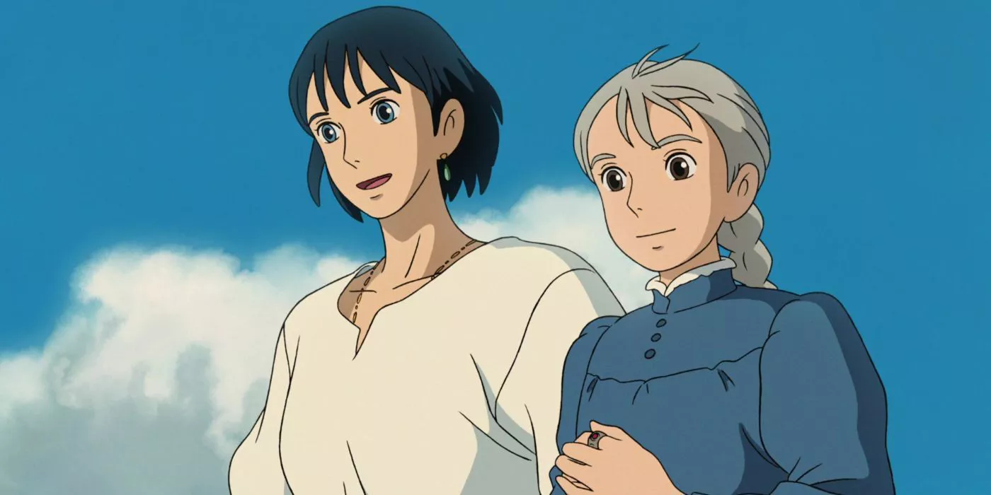 A closeup of Howl and Sophie in the flower field in Howl’s Moving Castle