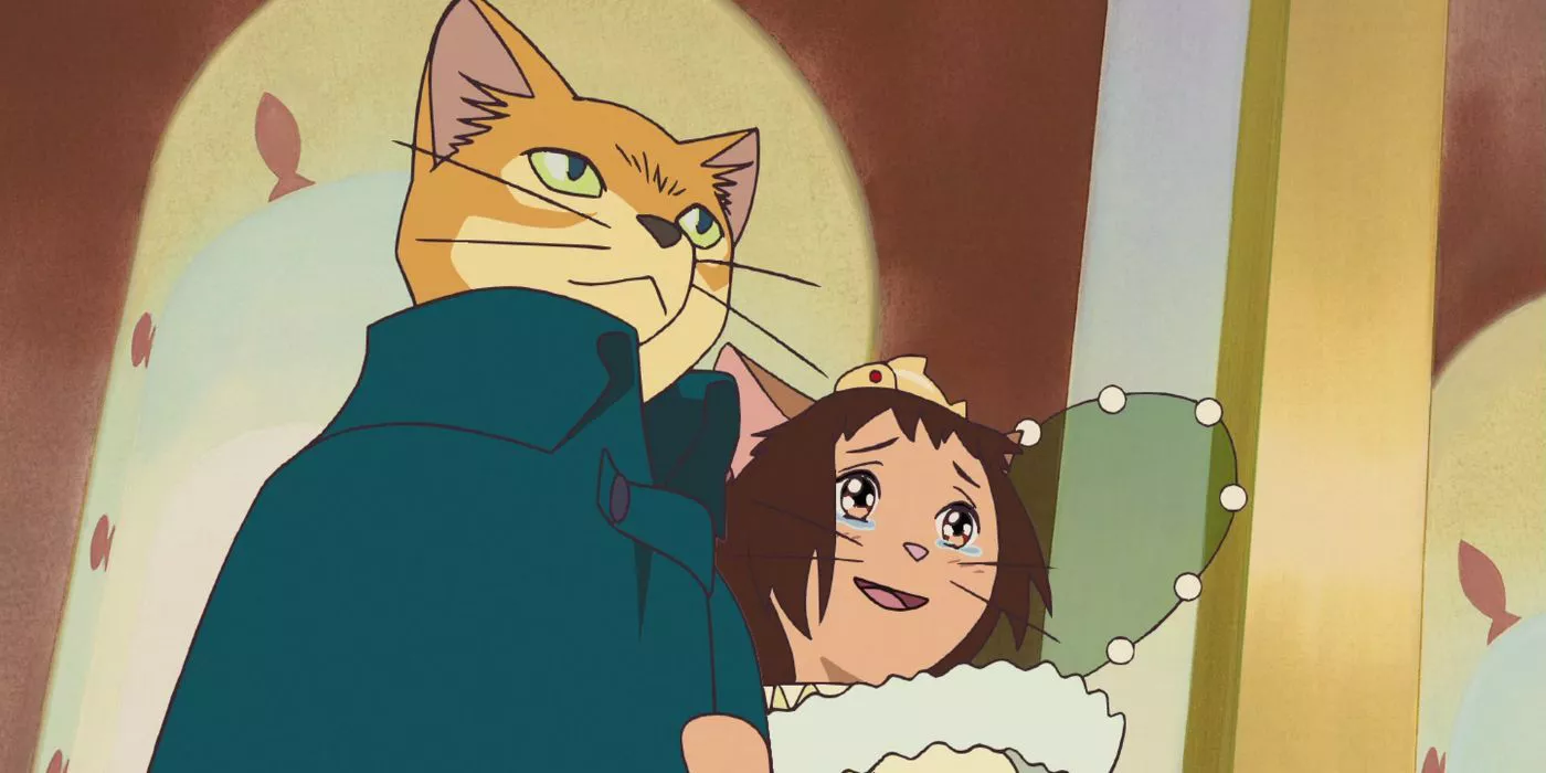 The Baron protecting Haru as Haru tears up in The Cat Returns.