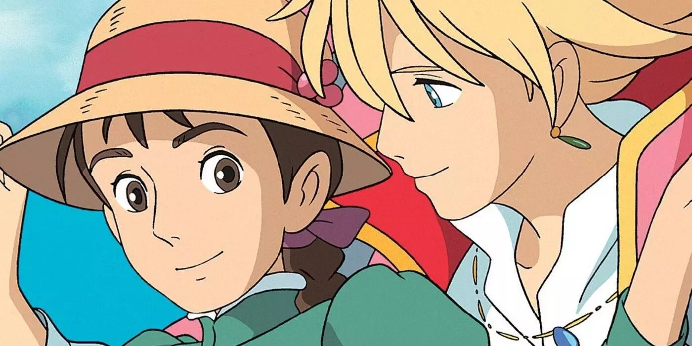 Sophie smiles as Howl guides her through the air in Studio Ghibli's Howl’s Moving Castle