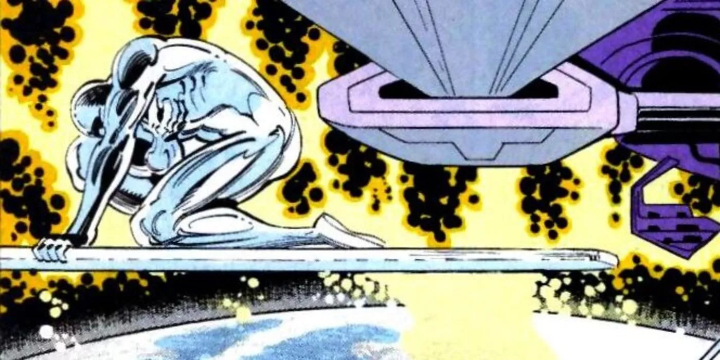 The Silver Surfer floats above a ruined Earth.