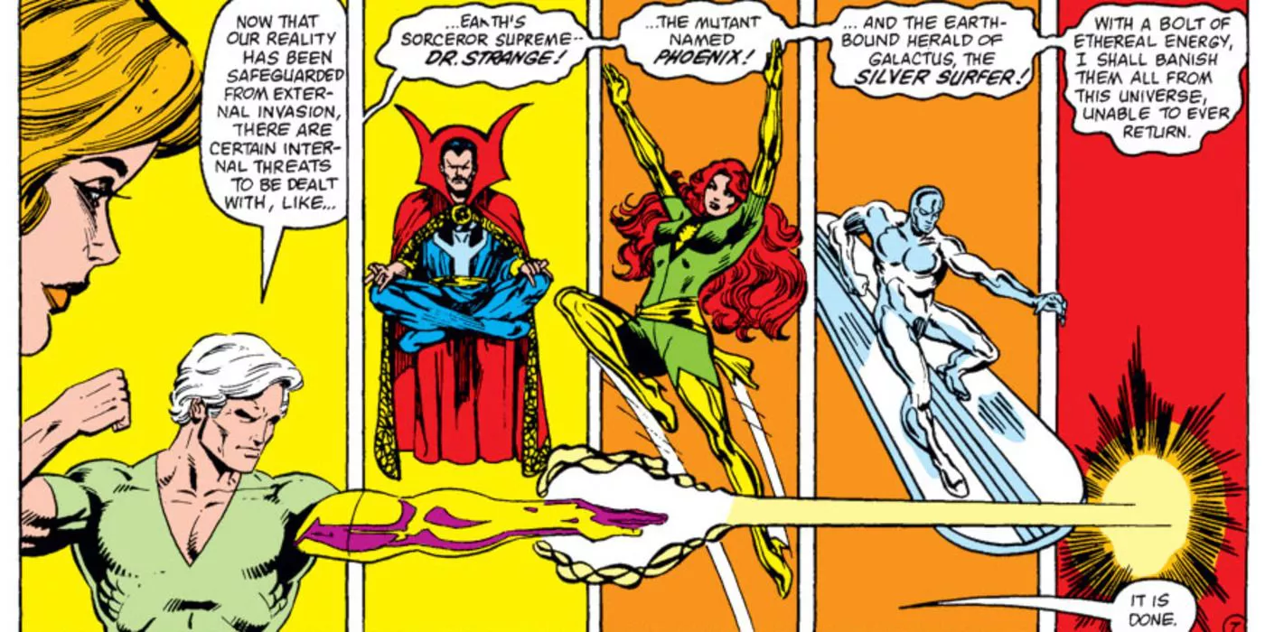 Korvac banishes Dr. Strange, Phoenix, and the Silver Surfer to another dimension.