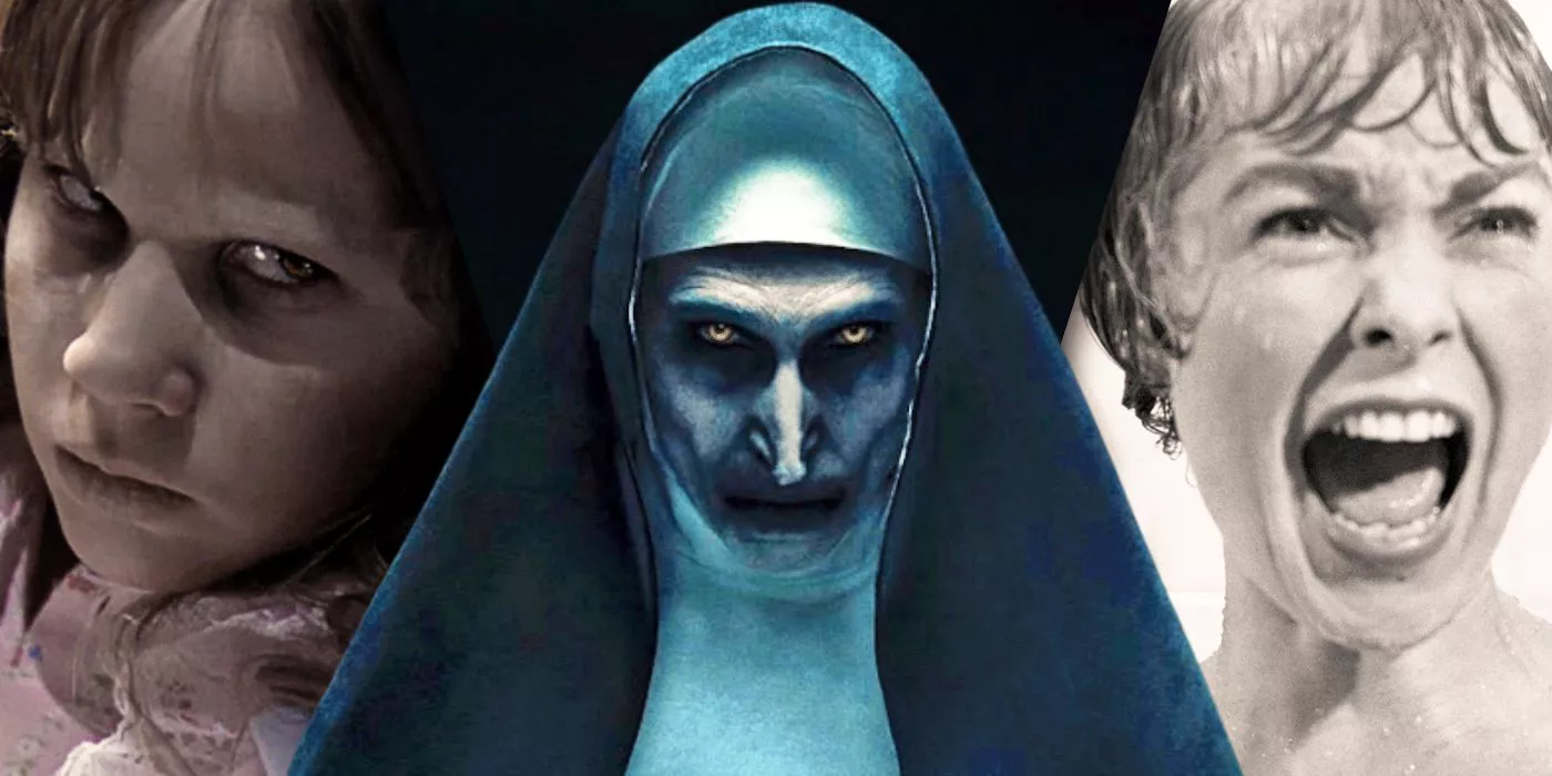 split image of The Exorcist, The Conjuring 2 Nun and the shower scene in Psycho