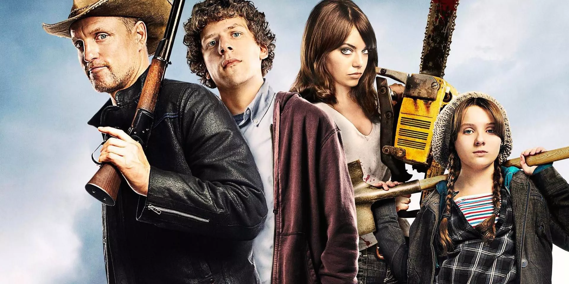 Emma Stone, Jesse Eisenberg, Woody Harrelson and Abigail Breslin in a Zombieland promo image.