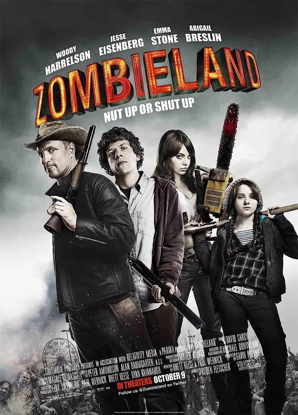 Woody Harrelson as Tallahasee, Jesse Eisenberg as Columbus, Abigail Breslin as Little Rock and Emma Stone as Wichita are holding various weapons on the poster cover for Zombieland (2009).