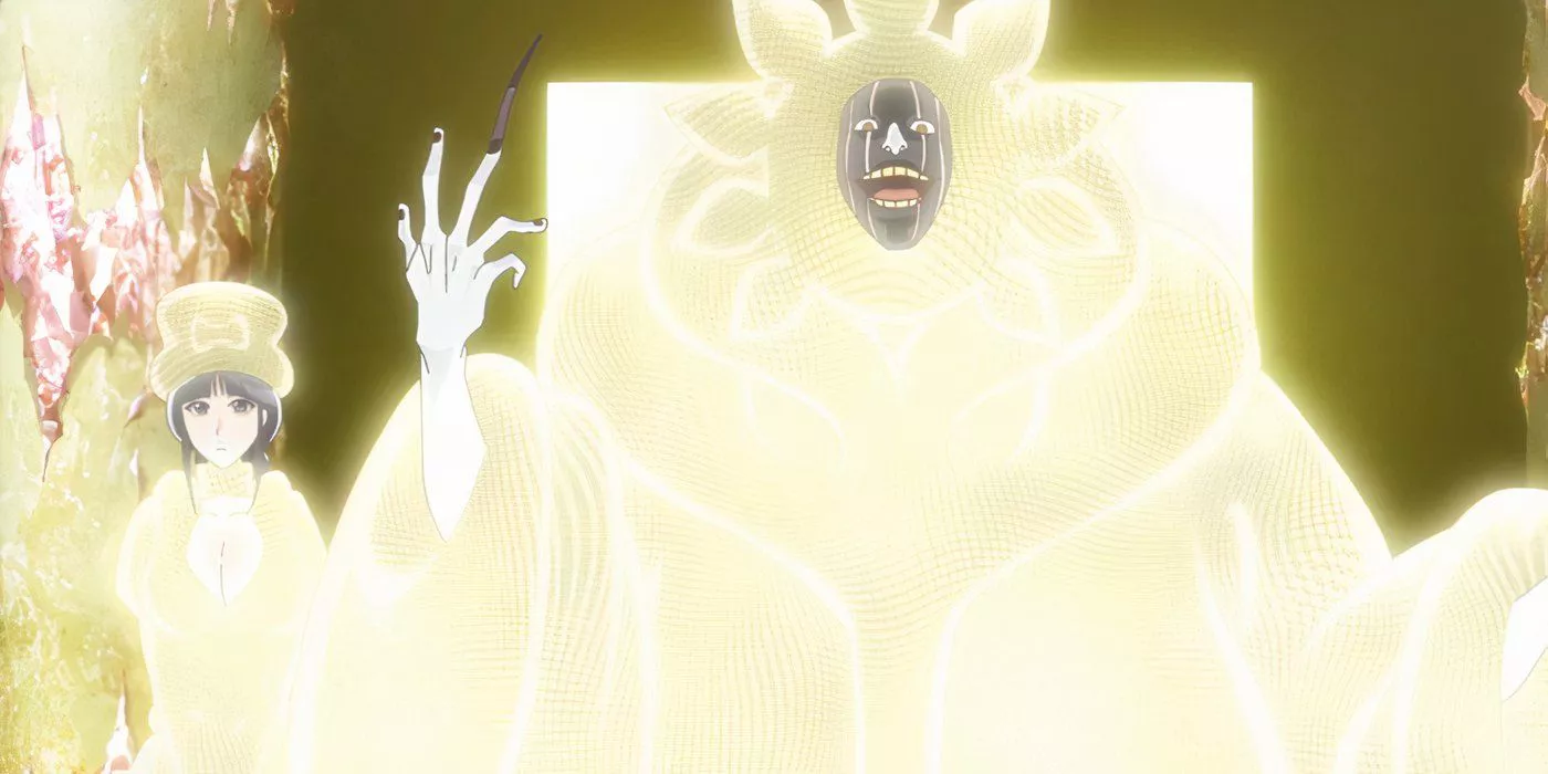 Mayuri Kurotsuchi and Nemu emerging from his personal lab in Bleach: The Thousand-Year Blood War