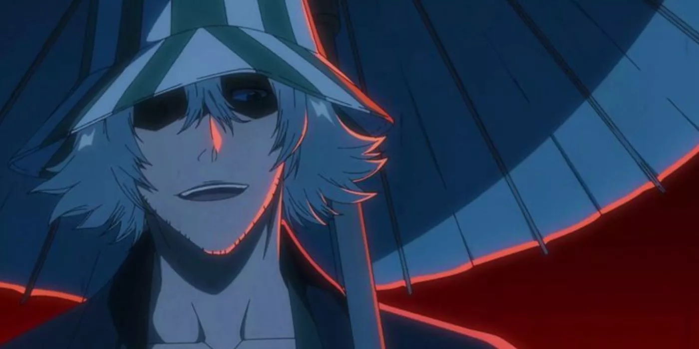 Kisuke Urahara arrives in the Soul Society with an umbrella in the second season of Bleach: The Thousand-Year Blood War.