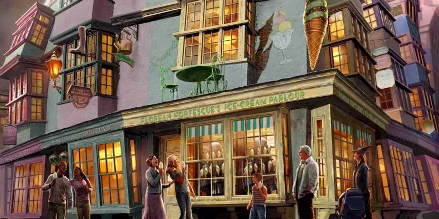 A drawing of the outside of Florean Fortescue's ice cream parlor in Diagon Alley in Harry Potter.