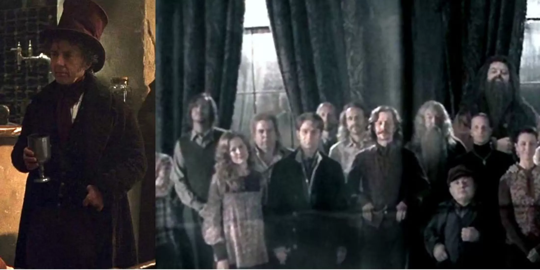 Split image of Dedalus Diggle and the old Order of the Phoenix in Harry Potter.