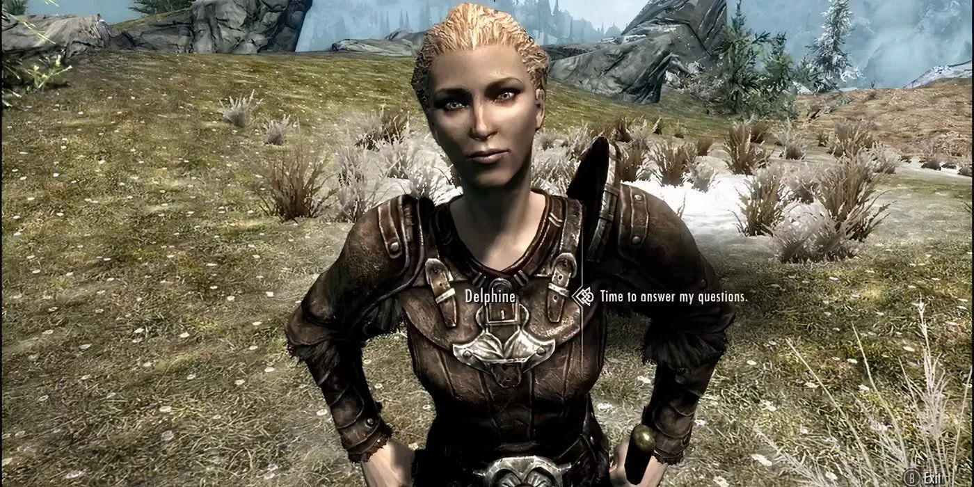 El jugador hablando con Delphine en Skyrim