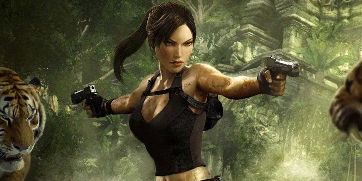 Tomb Raider: Lara Croft points two pistols at tigers