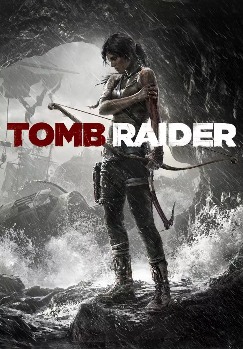 Tomb Raider's 2013 game poster with Lara wielding a bow and about to enter a cave