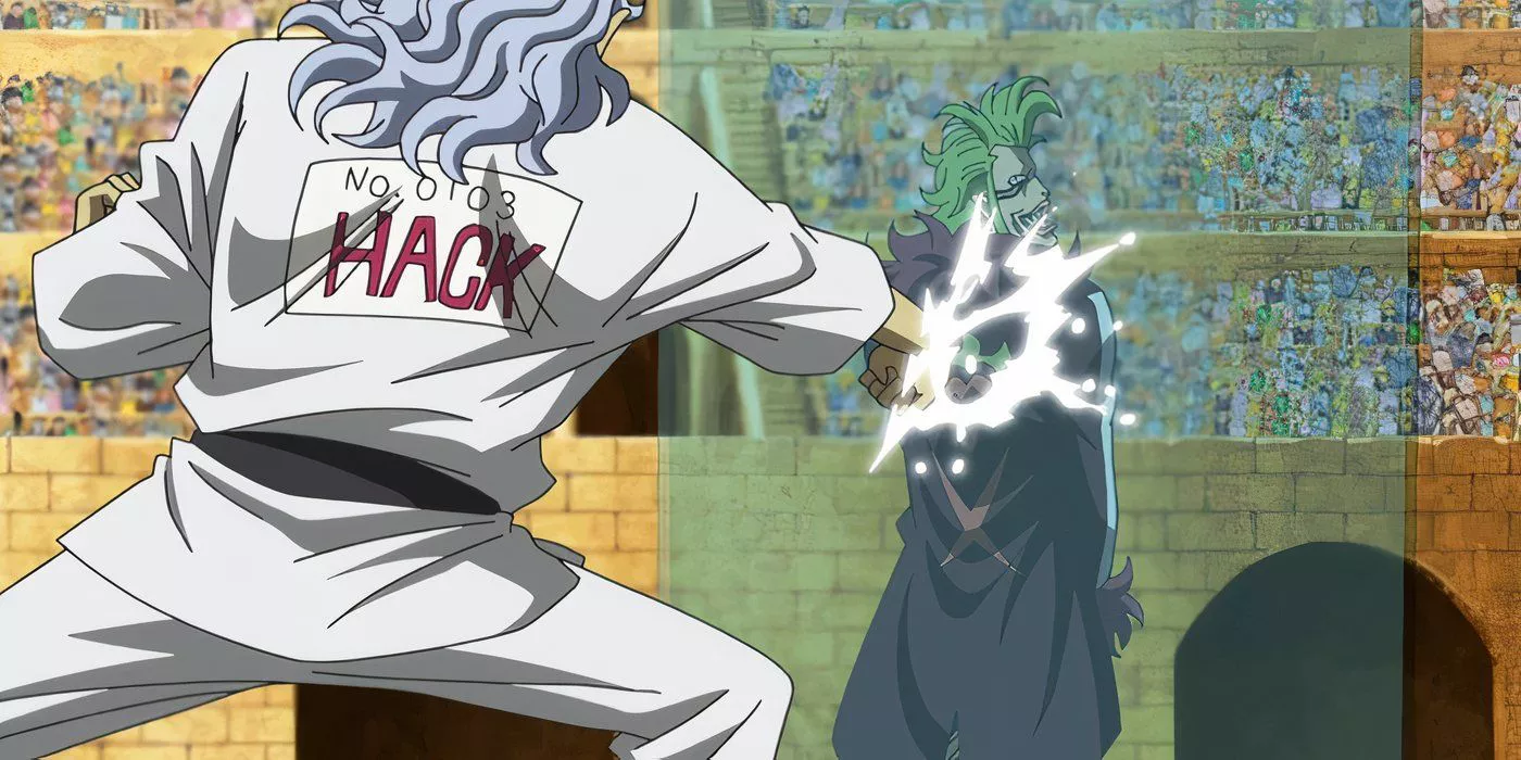 Bartolomeo usa el Fruto Barrera para bloquear el puñetazo de Hack en One Piece.